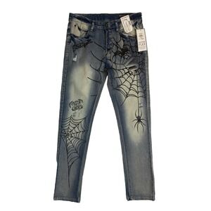 Southpole Skinny Jeans Spider Graphic Print Active Flex Ice Tint Mens 34x32